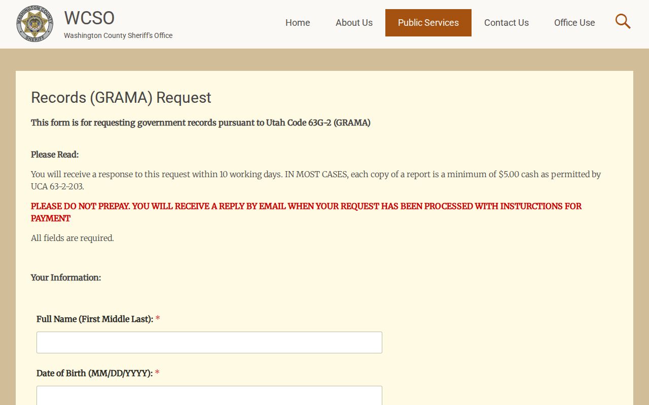 Washington County arrest lookup sheriff GRAMA request